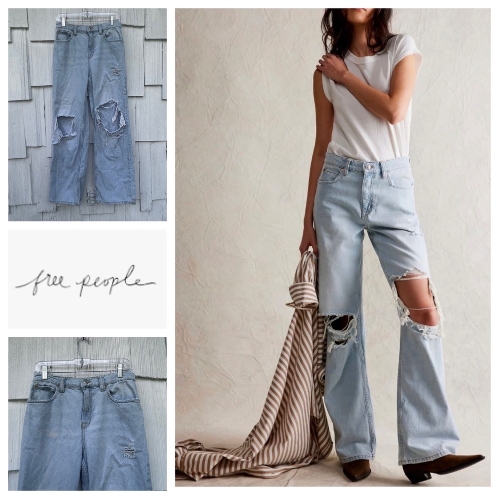Free People We The Free Tinsley Baggy High Rise Straight Leg Distressed Jeans 27